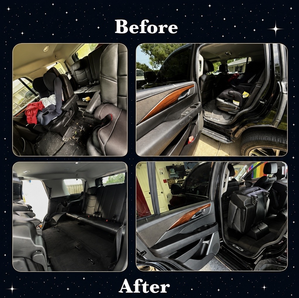 Before and after of a 2020 Cadillac Escalade interior detail