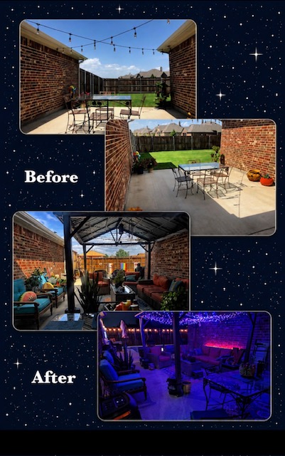Before and after of a backyard patio transformed into a lit outdoor lounge