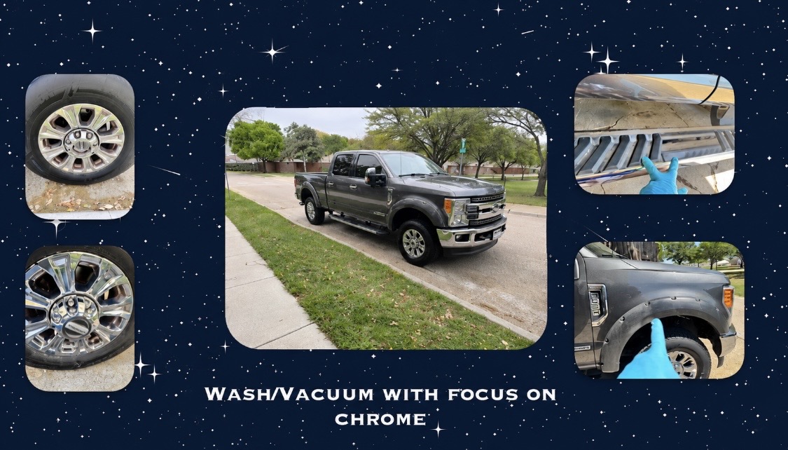 Before and after of a Ford F-350 wheel and chrome restoration