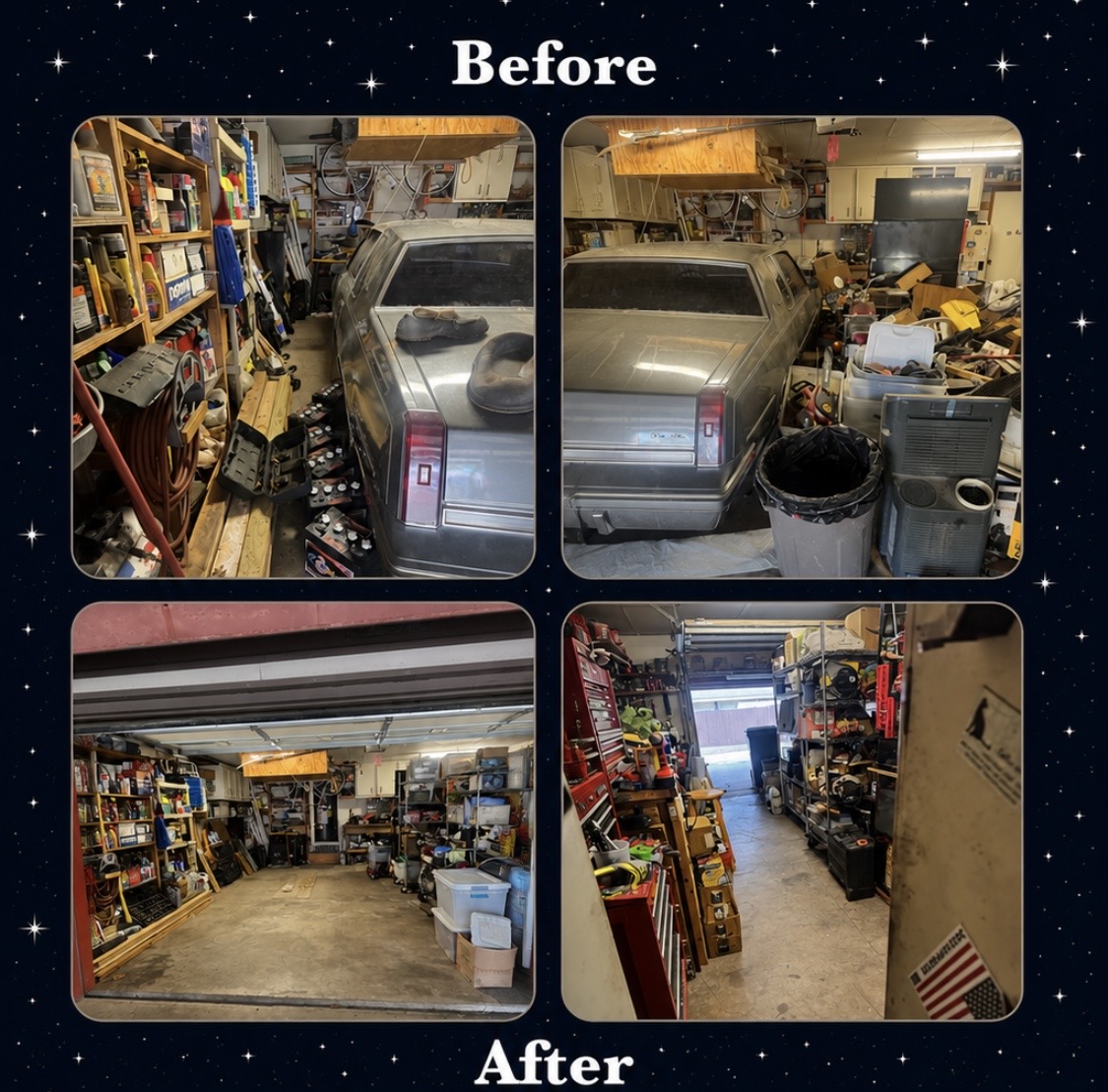 Before and after of a packed garage reorganized with clear walker-width path
